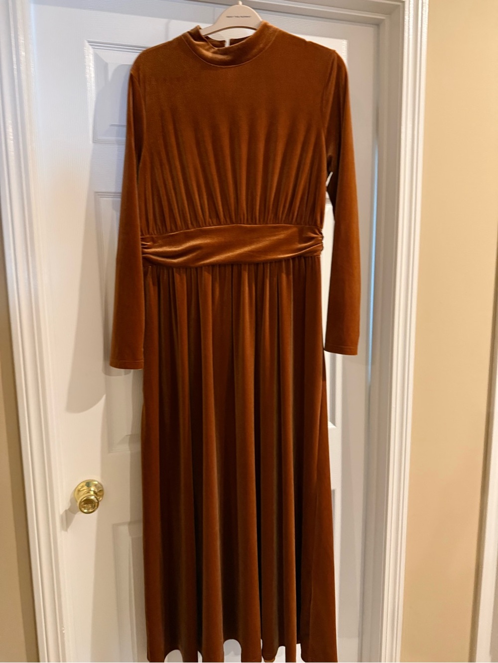 Rust Brown Velvet Long Sleeve Maxi Dress